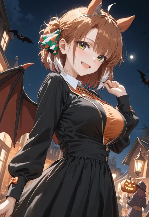 1girl,solo,dantsu_flame(umamusume),horse tail,horse ears,rice shower (make up vampire!) (umamusume)(cos play),((devil wings)),(((from side)),((from below)),((Dutch angle)),(((halloween night))),smile,put her hand chest,outdoor,turf,night,moon,shiny skin, s...