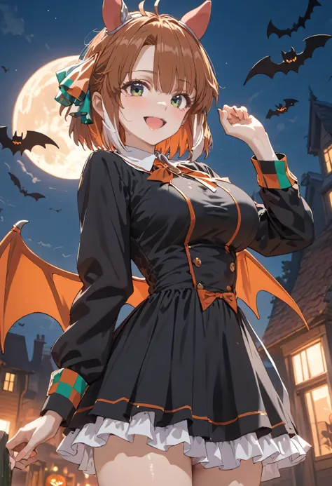 1girl,solo,dantsu_flame(umamusume),horse tail,horse ears,rice shower (make up vampire!) (umamusume)(cos play),((devil wings)),(((from side)),((from below)),((Dutch angle)),(((halloween night))),smile,put her hand chest,outdoor,turf,night,moon,shiny skin, s...