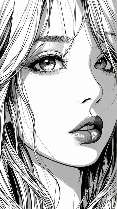 master piece:1.5、(minimal art, line drawing), woman、black and white art:1.2、lips are red、black and white world、silence、an ennui ...