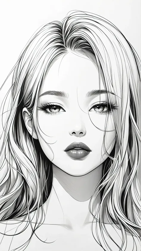 master piece:1.5、(minimal art, line drawing), woman、black and white art:1.2、lips are red、black and white world、silence、an ennui ...