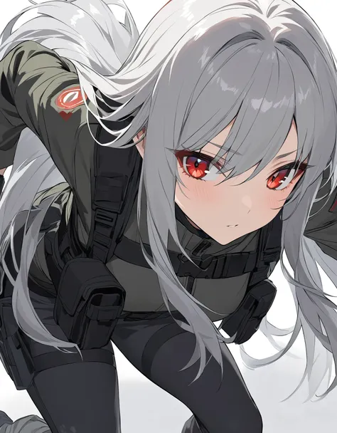 Gray Hair　Red Eye　Long enough hair to touch the ground　Tactical Fashion　woman