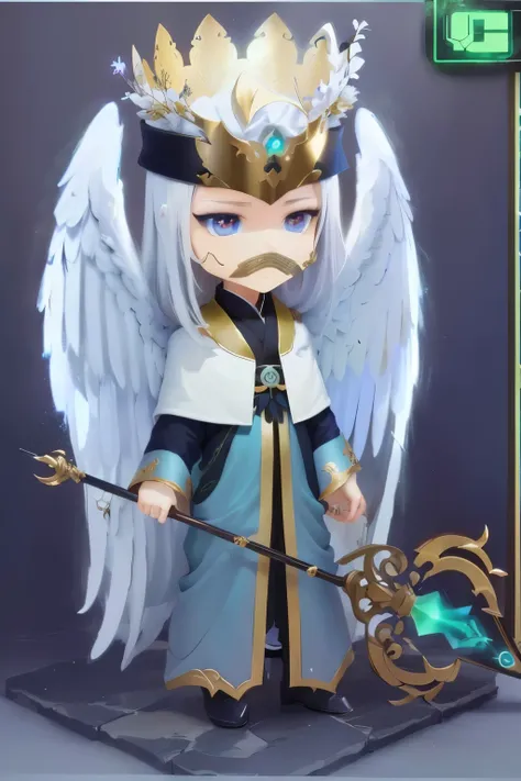 anime image of a man dressed as an angel with a staff, discord pfp, chibi, man angel, advanced digital chibi art, ophanim has bird wings, full - body majestic angel, clothes themed on a peacock mage, inspired by Huang Shen, an angel, masterpiece, best qual...