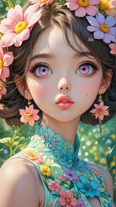 A woman with flowers in her eyes, beautiful detailed eyes, beautiful detailed lips, extremely detailed eyes and face, long eyelashes, woman wearing a flowery dress, pastel painting oil stick painting, thick coating, texture, inspired by Moebius, trippy, wa...