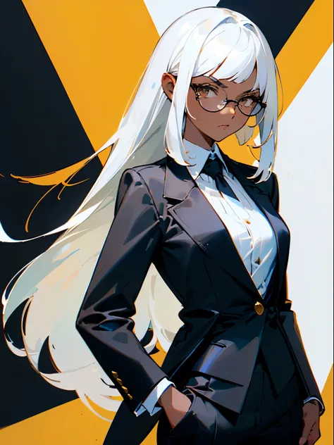 (top-quality、masterpiece:1.2) 1 Female、adult、((  dark skin women 、Long white hair, Short bangs, Hair over the ears))  golden eyes、Glasses、(( I was wearing a black business suit 、Black Tailored Jacket 、White Shirt、Black pantsuit)) (Office Background) ( seri...