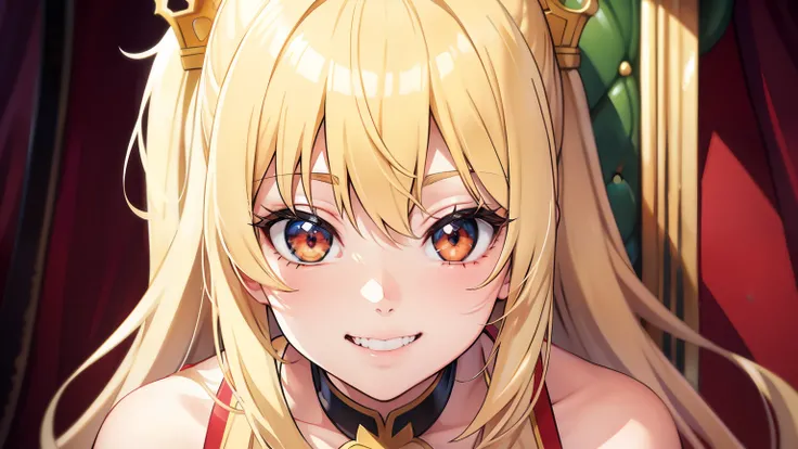 Blonde hair, red eyes, the cutest girl in the world, crazy smile, idol, sitting on a kings chair, upper body shot, anime, anime character, anime style