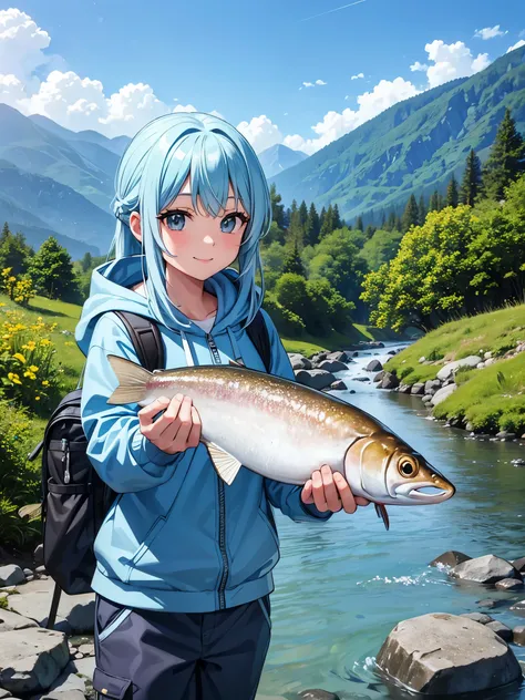  I Caught a Big Salmon .、 Twin Tail、 beautiful girl with long light blue hair、Adorable smile、Mountain Stream Fishing 、Fishing clothes、 Long Sleeve Hooded 、Outdoor Jacket、 hoodie、Waders、 Long Pants Fossing 、 When Going Camping 、 Sports Backpack )