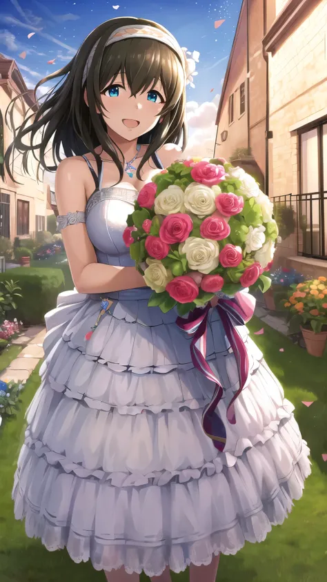 masterpiece, best quality, highres, aafumika, idolmaster, long hair, hairband, wedding dress, standing, garden, confetti, holding bouquet, smile, open mouth, 
