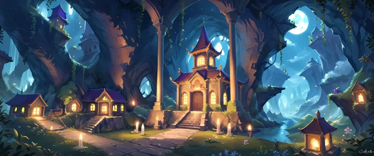 an epic  dark elf fantasy city,  a huge cave built  underground, beneath the ground,  there are many buildings and towers, lit in dim light of candles and magical light, its deep under the mountain, purple light, blue light, from buildings, a dark lit temp...