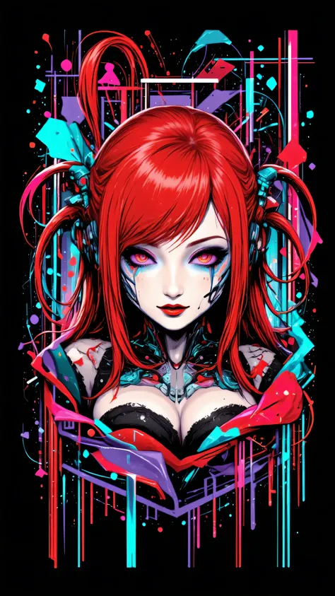 asian high school girl with long straight red hair and a fringe in the middle of the forehead, with big purple eyes and huge eyelashes, Lewd, horny, huge breasts, edgy graphic design with a multi neon colored palette, (sexy pose), seducing camera, big blac...