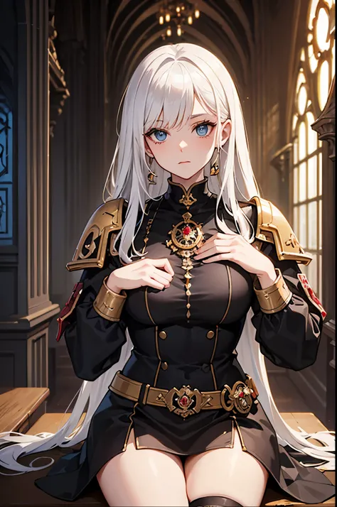 1 beautiful sister of Battle, Warhammer 40k, white hair, without armor, gothic chapel Warhammer style,