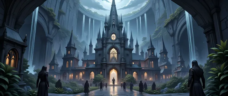 an epic dark elf fantasy city,  a huge cave city  built ((underground)), beneath the ground,  there are many buildings and towers, lit in dim light of candles and magical light, its deep under the mountain, purple light, blue light, from buildings, there i...