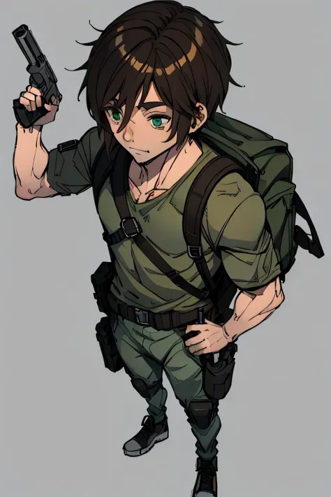  A man with short brown hair, high, well defined muscles, green eyes, full body, wearing backpack, holding an invisible rifle .