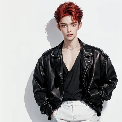 (4K)) (( top quality )) ((white background)) ((amber-red hair color))  one man,  stands straight один участник к-поп группы, Yunjun has a refined and attractive appearance....., which immediately distinguishes it from others. He has soft facial features......