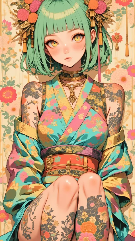 A mesmerizing surreal illustration of a young japanese woman. She has pastel green hair with blunt bangs, yellow eyes, and wears a vibrant pastel colored outfit adorned with intricate floral patterns. Freckles dot her smooth, warm complexion, and bold, col...