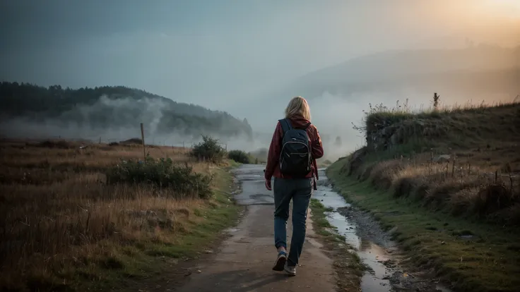 typical tourist clothing, the backpack on the shoulders. (yes sfw), a genuine woman. [the character is surrounded by mist, evoki...