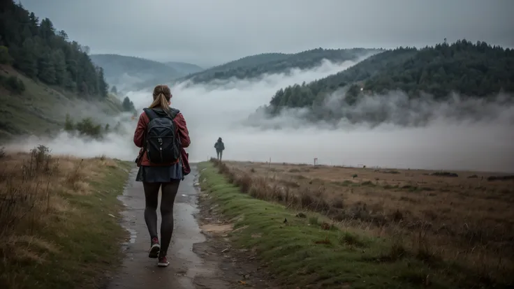 Typical tourist clothing, the backpack on the shoulders. (YES SFW), A genuine woman. [The character is surrounded by mist, evoking a mysterious and eerie atmosphere. The lighting is dark and atmospheric, with a red smoke adding a touch of sinister ambiance...