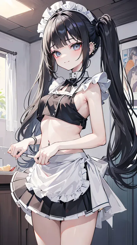 ((masterpiece、Best Quality、 very detailed))、One Girl、Black Hair、twintails、Wavy Hair、blunt bangs、Grey Eyes、evil smile、((lots of piercing))、Small breasts、White brim、((bikini maker))、Short sleeve、((white bikini))、(( black pleated skirt))、((micro miniskirt))、(...