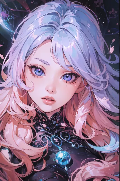 (( masterpiece:1.5)). This piece of art is sweet., dreamer, idyllic and ethereal, with soft violet watercolor tones and lots of bubble details adorned with iridescent colors. beautiful fairy dress, Generate a delicate and demure fae by exploring a (Bubbleg...