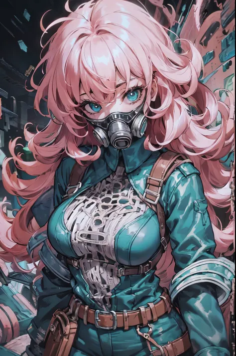 a 35 year old woman in a post-apocalyptic setting, wearing a gas mask, with large breasts, wearing a belt, leather, messy hair, beautiful eyes, Alone, hyper-realistic, 8k, cinematic lighting, dramatic atmosphere, highly detailed, photorealistic, intricate ...