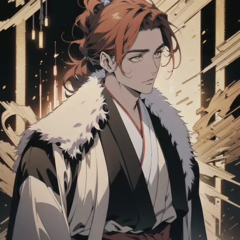 full portrait of a masculine handsome young Japanese young man ((solo)) in shinobi dark clothes, with very long unruly red hair in a ponytail, with hazel yellow eyes, anatomically correct. elegant posing. In shin-hanga style of Yoshida Hiroshi, absurdres, ...