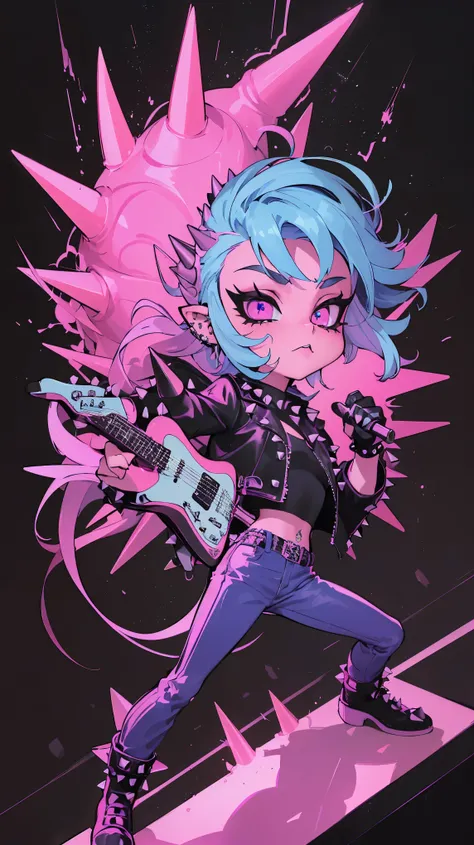 ( masterpiece:1.2), A photorealistic photo of Mumm-Ra, Alone,  full body of a young punk man with black leather jacket:1.5, (( Mohawk hair in various colors .)),self-confident, dynamic pose with electric guitar ( Very detailed :1.3) ( guitar with Punk Rock...