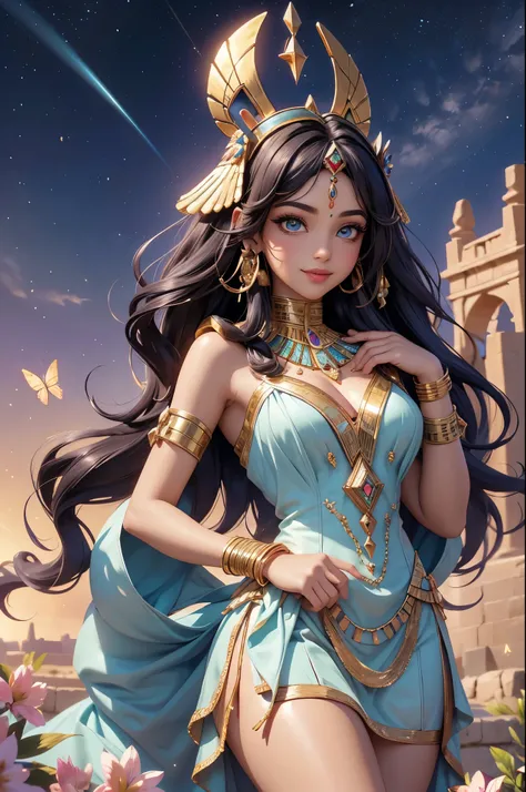 (best quality,4k,8k,highres,masterpiece:1.2),ultra detailed,(realistic,photorealistic,photo-realistic:1.37),acrylic painting,beautiful Egyptian godess in a Lolita dress with downy hair,beautiful Egyptian godess with extremely colorful hair and detailed fac...