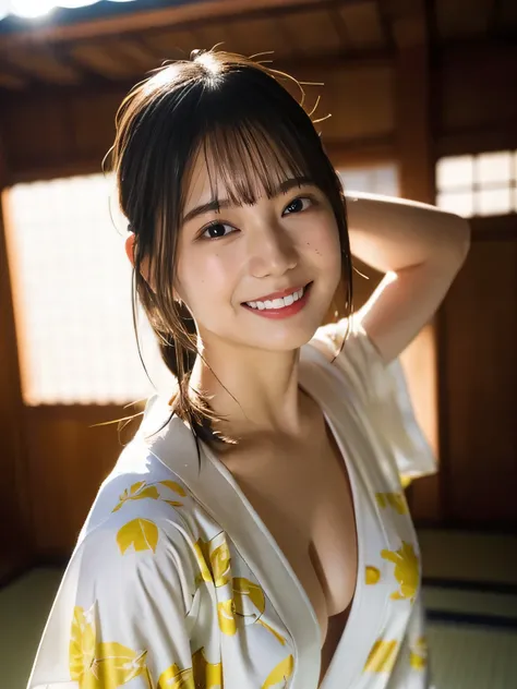 (highest quality,masterpiece:1.3,ultra high resolution),(Super detailed,caustics,8k),(photorealistic:1.4,RAW shooting),1girl,(look down at the camera),(front shot:1.1),(face forward),1,cute,Japanese,(She is pulling her wet kimono over her head, )),(small b...