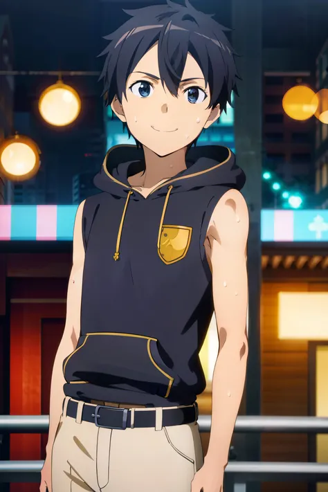 Highres, Masterpiece, Best quality at best,Best Quality,hight quality, hight detailed, Anime style, 1boy, Shota, young boy, kirito, solo, 1boy, smile, cyberpun citys, Sleeveless hoodie, upper body, belt, (very young boy), (very small and short body), smile...