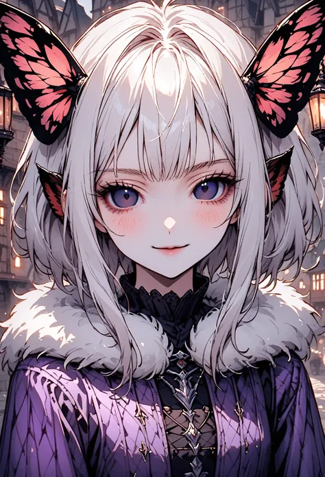 solo, female, close up, insect girl, mothman girl, compound eyes, iridescent eyes, white-brown fur, silver hair, fluffy hair, hu...