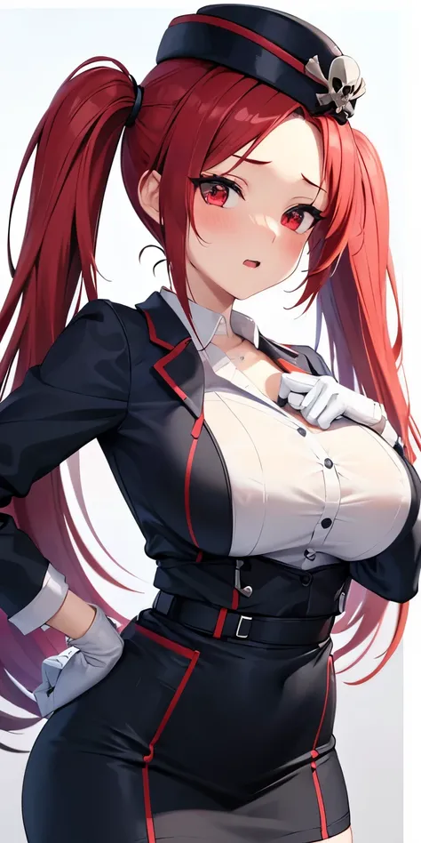 1 Female,High definition,high resolution,Ultra-realistic,8K, 1girl, solo, red hair, red eyes, twintails, employee uniform, pencil skirt, skull print, navy cap, fang, black legwear, white gloves, large breasts,European,sexy,Upper body close-up,Photographed ...