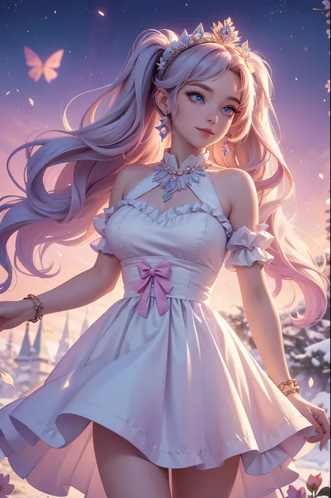 (best quality,4k,8k,highres,masterpiece:1.2),ultra detailed,(realistic,photorealistic,photo-realistic:1.37),acrylic painting,beautiful Canadian godess in a Lolita dress with downy hair,beautiful Canadian godess with extremely colorful hair and detailed fac...