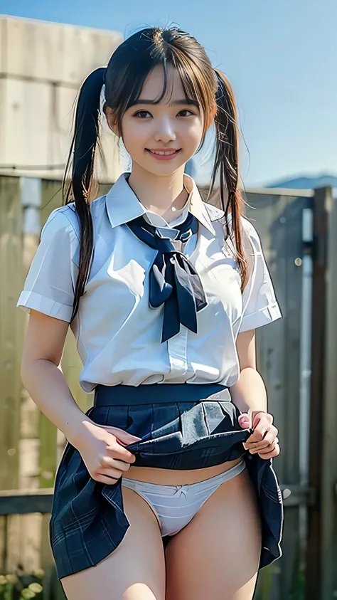 (One Woman),(Japanese),(Woman in uniform:1.5),( miniskirt :1.5),(((Skirt Lift:1.5))),(( twin tail hair:1.5))、(( Tiny White Panties :1,5)),(Front:1.5),( beautiful eyes),(Beautiful Face),(( embarrassed:1.5)),( very detailedな顔:1.5),(( Very detailed hand drawi...