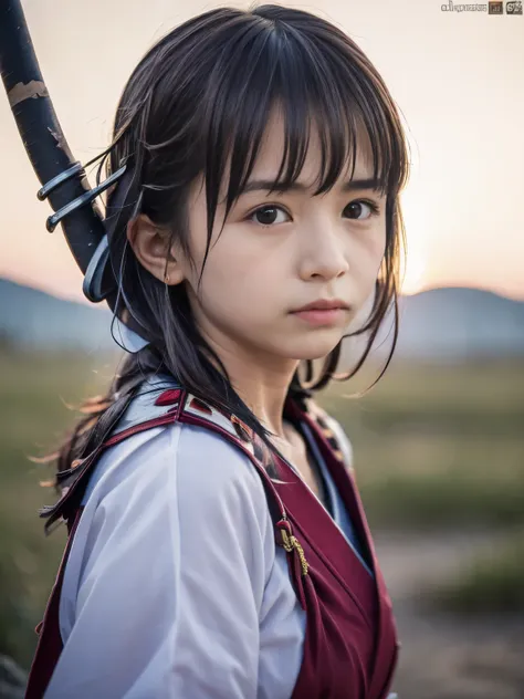 (close up portrait of one slender small breast half up brown long hair with bangs girl in a dirty blue colored samurai armor in ...