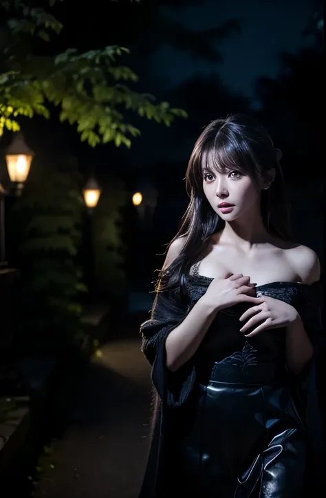 A dark-haired girl walking through a castle garden on a full moon night, Frightened expression, Frightened gesture, High definition, High Resolution ,  cinematic lighting with both eyes down, 8K RAW photo,