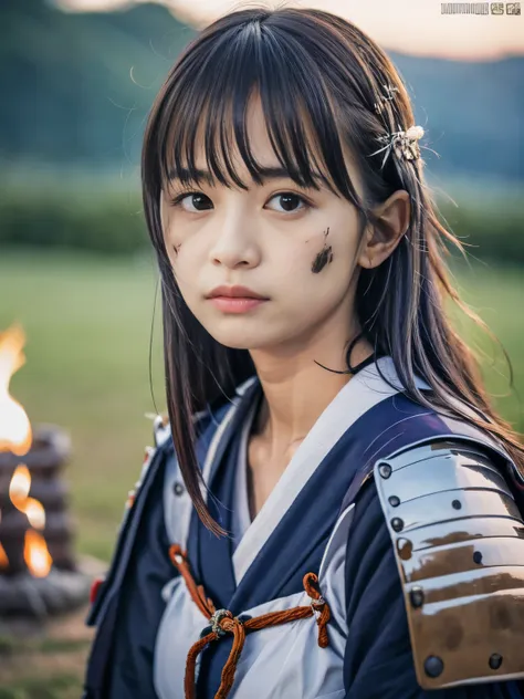 (close up portrait of one slender small breast half up brown long hair with bangs girl in a dirty blue colored armor warrior as ...