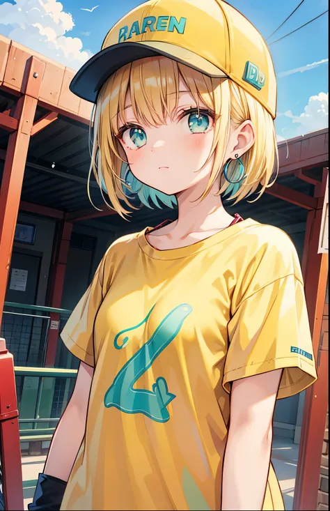 nomura tetsuya, masterpiece, best quality, 1girl, aqua eyes, baseball cap, blonde hair, closed mouth, earrings, hat, hoop earrings, jewelry, looking at viewer, shirt, short hair, solo, upper body, yellow shirt