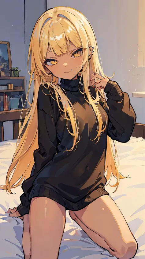 ((masterpiece、Best Quality、 very detailed))、 1 girl、((Brown skin:1.3))、Yellow Hair、Long Hair、blunt bangs、Grey Eyes、evil smile、((lots of piercing))、Small breasts、((black sweater))、thighs、 Cowboy Shots 、kneeling、On the bed、(( grab a woman ))、Bedroom Backgrou...