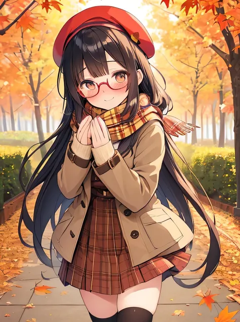  ((masterpiece)), ((best quality)), (ultra-detailed), ((kawaii)), cute, (lovely), illustration, anime style, beautiful black hair, (Straight long hair:1.2), medium breast, (beautiful eyes), (glasses:1.2), (Embarrassed expression:1.2), autumn fashion, brown...