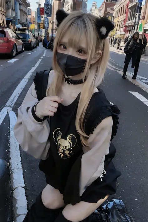 RAW Photos,(8k)、(Best Quality: 1.2)、(Genuine)、(Genuine: 1.37)、 super high definition、A blond young woman with bob hair is standing on a street corner。  Shes wearing a black oversized long sleeve shirt with a white skull graphic and Japanese text.、 Black th...