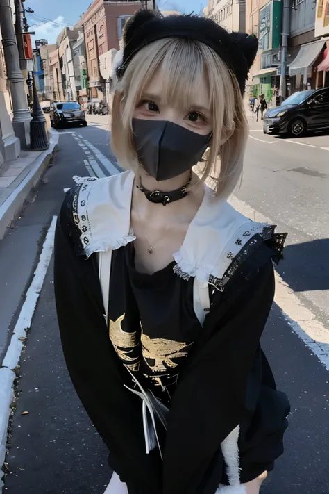 RAW Photos,(8k)、(Best Quality: 1.2)、(Genuine)、(Genuine: 1.37)、 super high definition、A blond young woman with bob hair is standing on a street corner。  Shes wearing a black oversized long sleeve shirt with a white skull graphic and Japanese text.、 Black th...