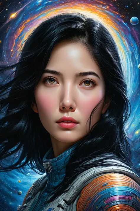 realistic, masterpiece, Melhor qualidade, detailed,1 girl, (black hair:1.2), hypnotic colors of deep space ,hyperspace insane masterpiece,huge detailed scene, ( depth of field :1.3)
