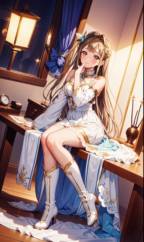 Teenage Girl，obsessed， Have Fun ，in love，(Western magic white clothes)， brown hair ，Golden Eyes，Transparent clothes，Exquisite hair accessories，Transparent lace，Sky blue pattern，night，Dress nicely，bedroom，solitary，night，Engraved suspender boots， Slim Beauti...