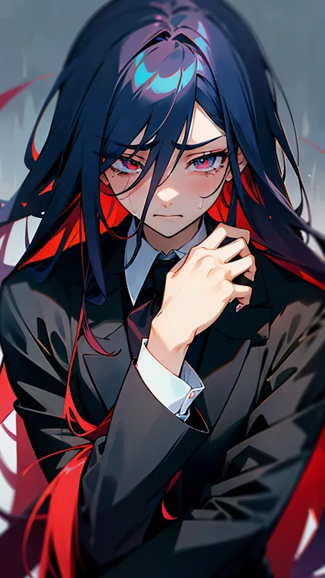 Anime boy, crimson eyes, detailed eyes, long eyelashes, dark blue hair with red gradient; long flowy hair, shoulder-length hair, black suit, white collared shirt, black tie, (eyes half closed), crying, tears in eyes, depressed, exhausted, eyes half closed,...