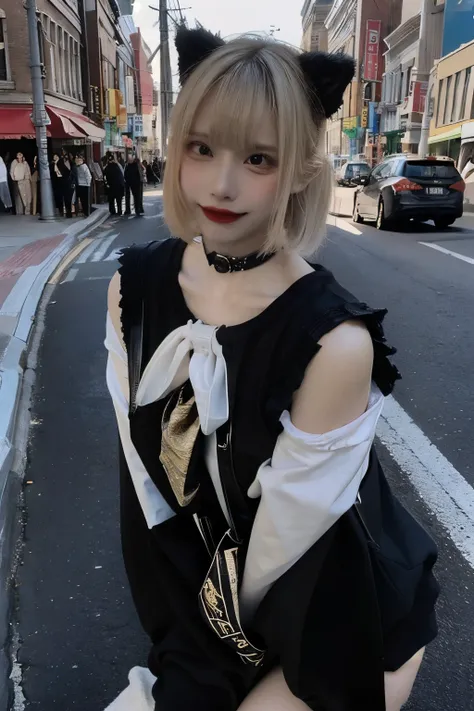 RAW Photos,(8k)、(Best Quality: 1.2)、(Genuine)、(Genuine: 1.37)、 super high definition、A blond young woman with bob hair is standing on a street corner。  Shes wearing a black oversized long sleeve shirt with a white skull graphic and Japanese text.、 Black th...