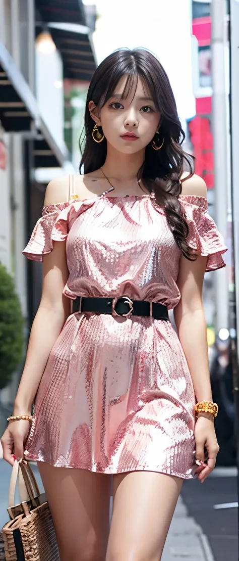 beautiful dark haired idol girl 、whole body、　good style、、、、、、、、、、thick legs、、monster print off-the-shoulder tight dress（ shiny p...