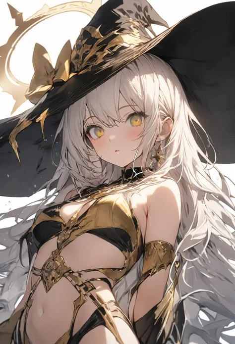 1girl,  cowboy shot angle, high fantasy setting, white and gold color accents on clothes, Looking at viewer, Very Long white Hair, Witch Hat, Halo, High Resolution, Masterpiece, Accurate, Best Quality, Award Winning, whitch girl, revealing whitch clothing,...