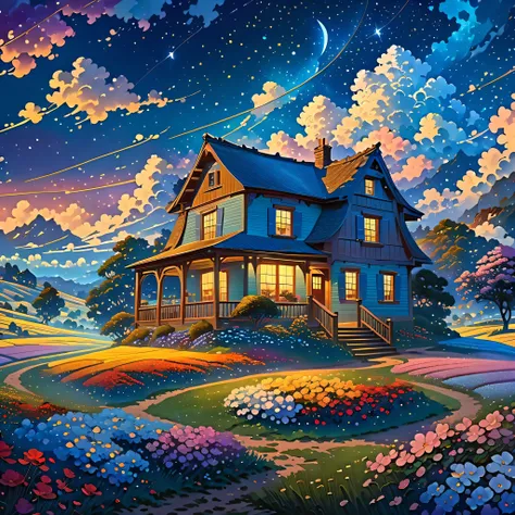 a house in the middle of a field under a night sky, animated background, animated background art, beautiful anime scene, Over the clouds, Kilian Eng y Thomas Kinkade, Rob Gonsalves y Tim White., silvain sarriel, Rhads y Thomas Kinkade, inspired by RHADS, c...