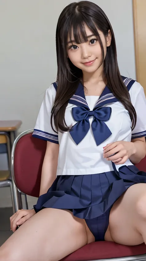  smile 、Blue panties、Red ribbon、White short-sleeved Y-shirt、black pleated mini skirt、High school girl、 Japanese sailor suit、Summer clothes、High school girl、 girl in a sailor suit 、Big Breasts、Busty, cute girl 、High image quality、masterpiece、Young girl、Beau...