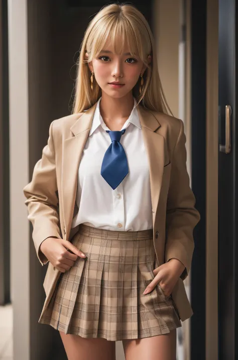 (Highest quality, 4K, 8k, High resolution, masterpiece, Genuine, Realistic, Realistic:1.3), (upper body), Girl standing in a school changingroom, blue neckerchief Uniform, Dark Blown Blazer, blown plaid skirt, Ear piercing, Gal Makeup, wearing white callor...