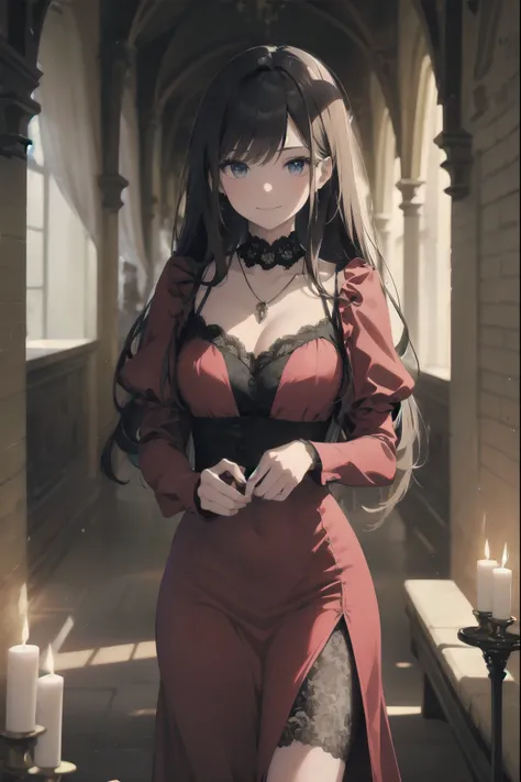 beautiful adult woman in gothic attire stops in the hallway of an old castle, stares at us, and smiles. She is wearing a crimson dress, black lace, and a small pendant around her neck. Her eyes are enchanting and a little mysterious. In the background is a...